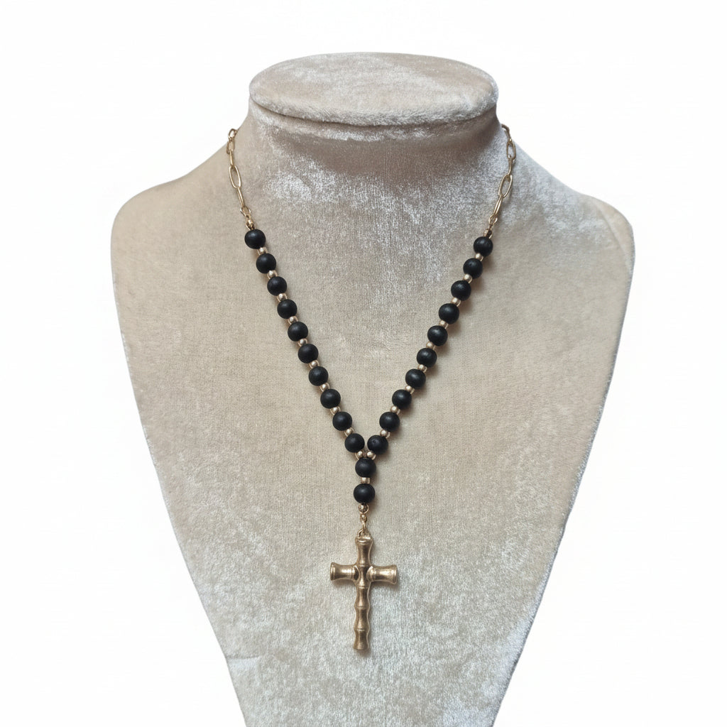 Gilded Bamboo Cross Rosary Necklace