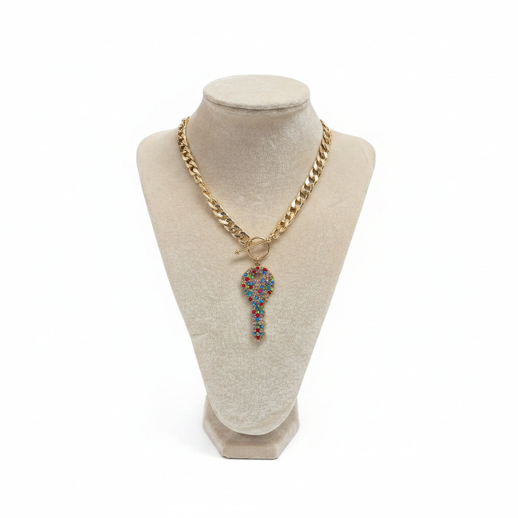 Pave Crystal Key Toggle Necklace