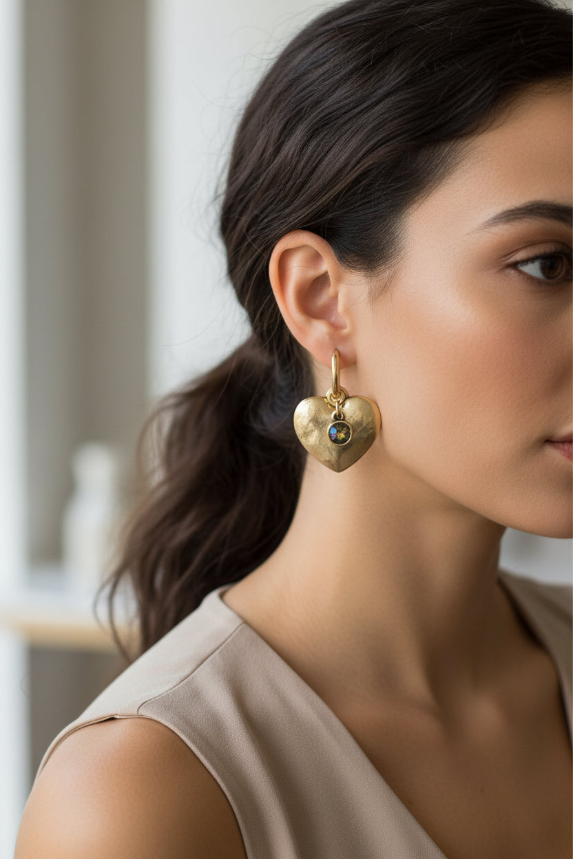 Golden Romance Hammered Heart Hoop Earring