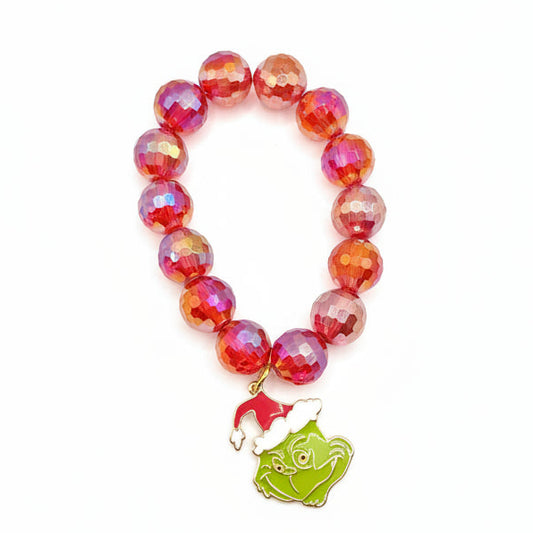 Red AB Disco Stretch Bracelet w/Grinch Charm