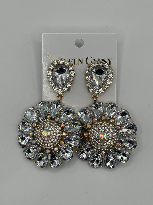 Flower statement clip on clear earring