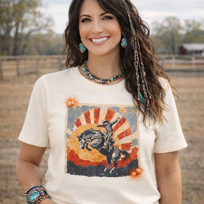 Cowboy Up Sunset T-shirt on Natural with crystals