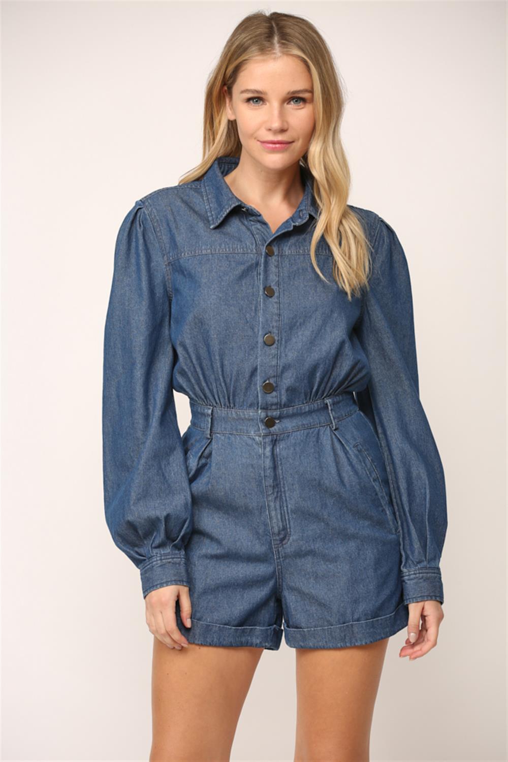 Front Button Closure Collared Denim Romper