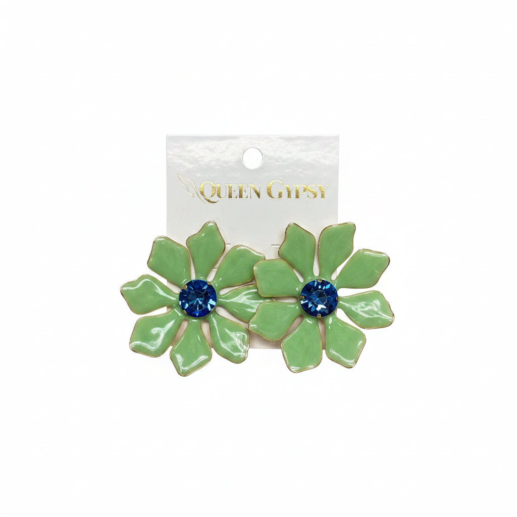 Enamel painted flower with crystal earring