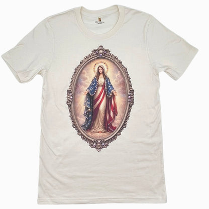 Virgin Mary USA T-Shirt on Natural with Crystals