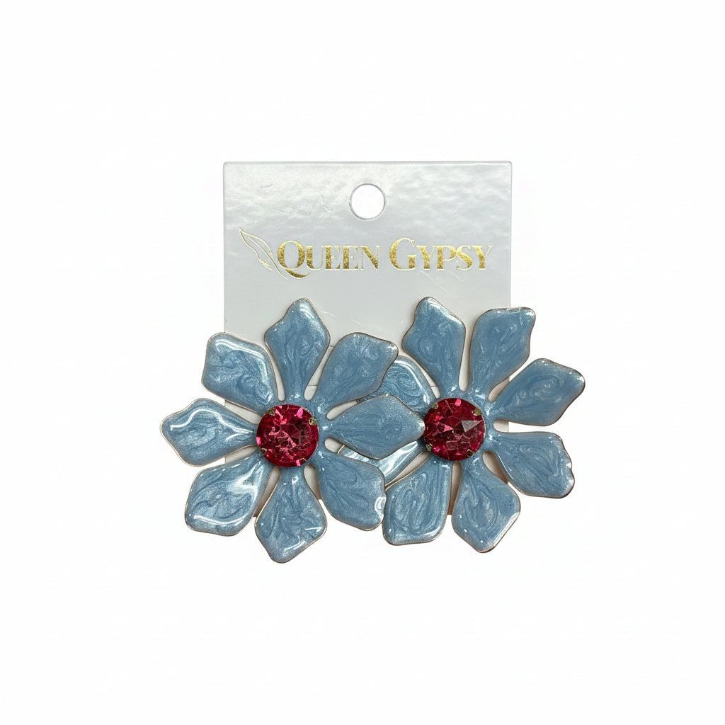 Enamel painted flower with crystal earring