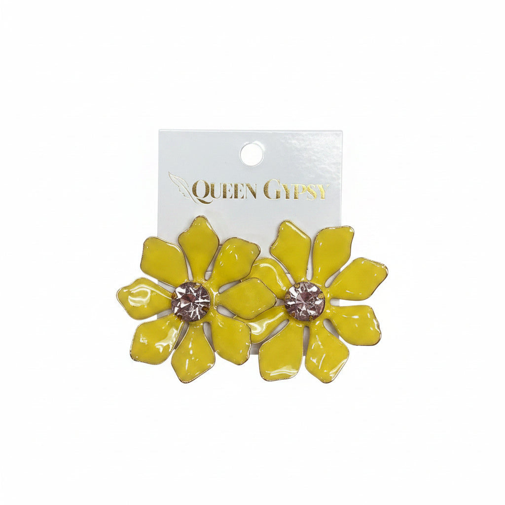 Enamel painted flower with crystal earring