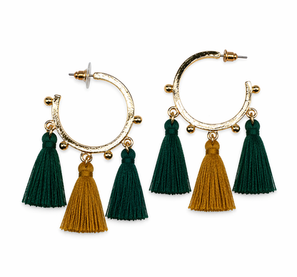 Gold hoop earrings with green and mustard tassels 1.25 inches in diameter