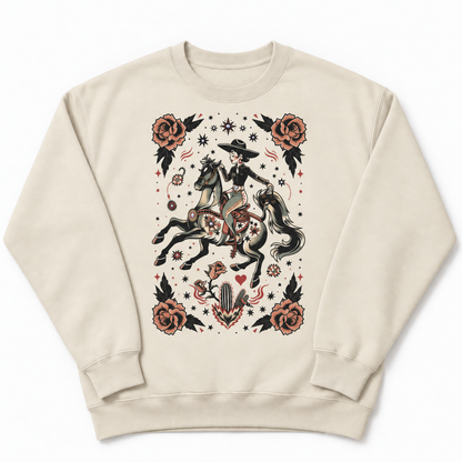 Vaquera Tattoo Sweatshirt on Tan with crystals
