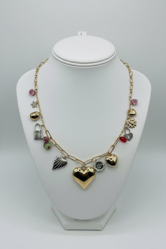 Glass bead heart charm necklace