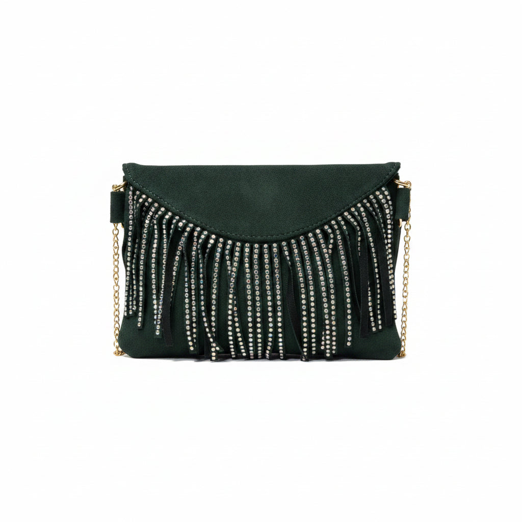 Green Bling Fringe Suede clutch
