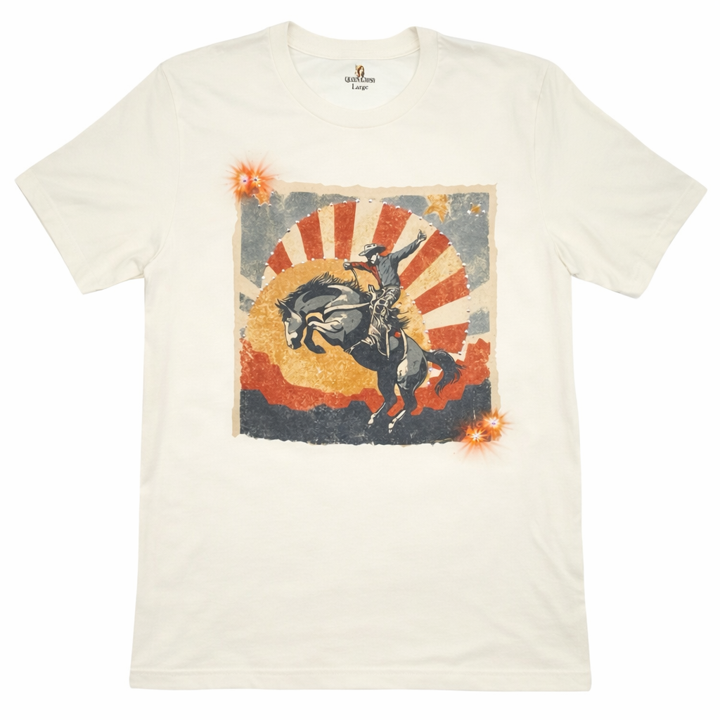 Cowboy Up Sunset T-shirt on Natural with crystals