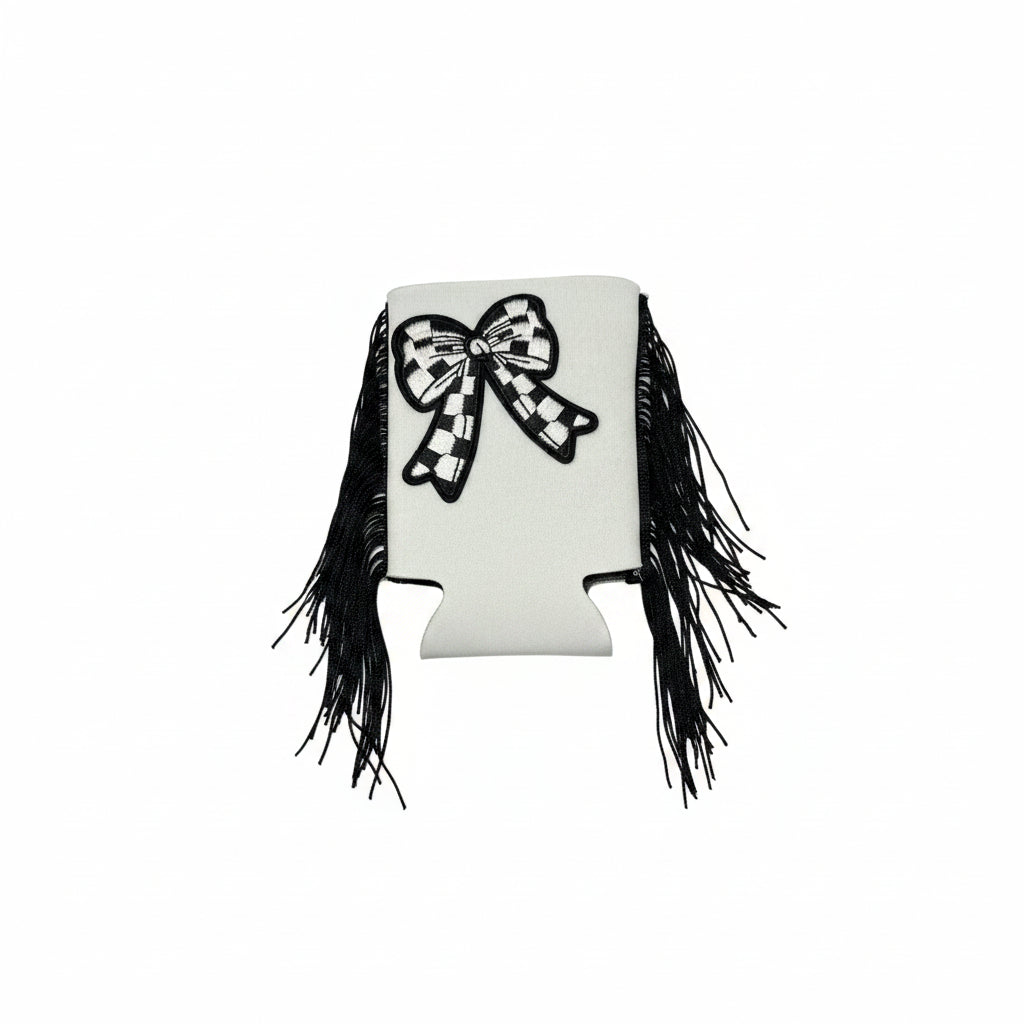 QG-Black fringe bow/check koozie