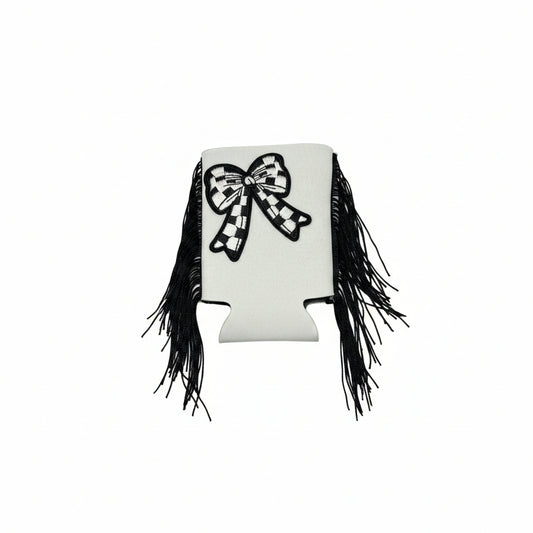 QG-Black fringe bow/check koozie