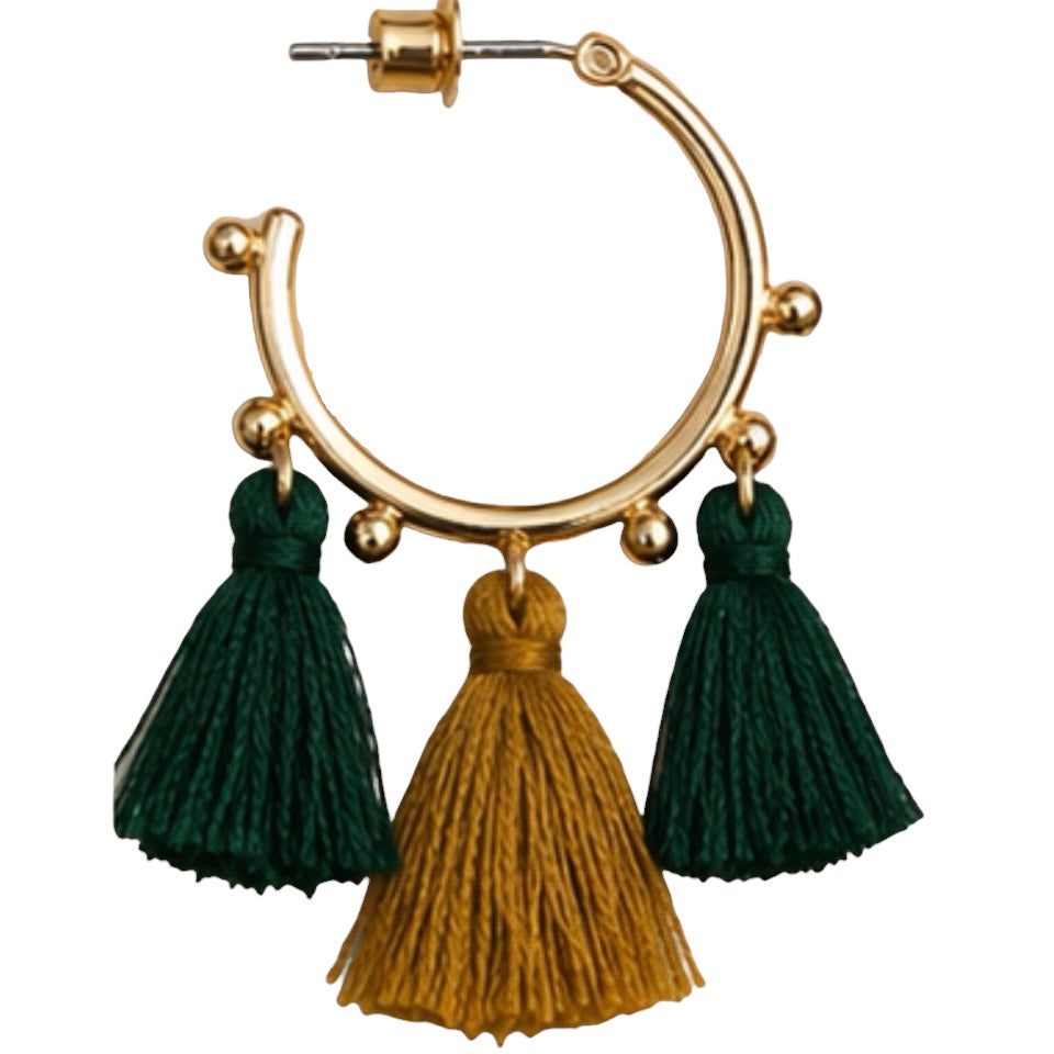 Gold hoop earrings with green and mustard tassels 1.25 inches in diameter
