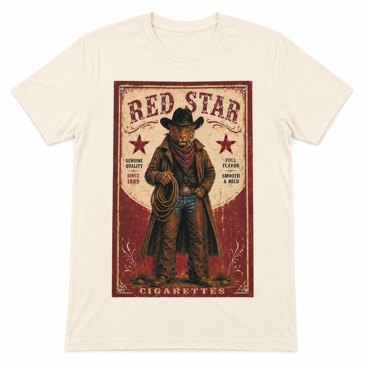 Red Star Cowboy T-Shirt on Natural with Crystals