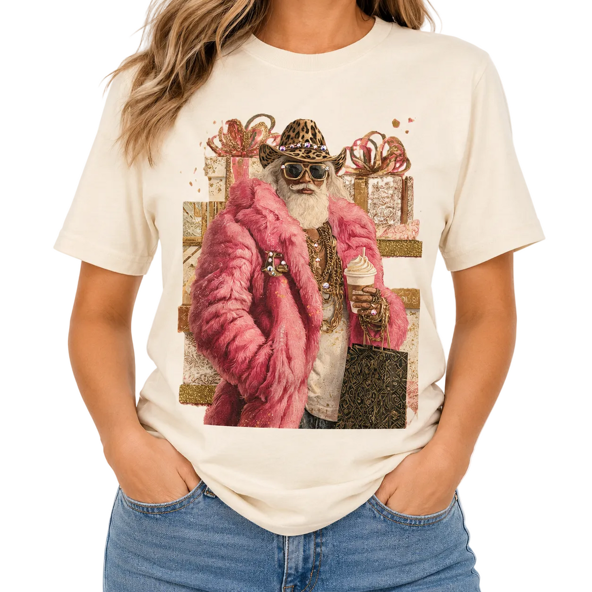Santa Drip T-shirt on Natural with Crystals