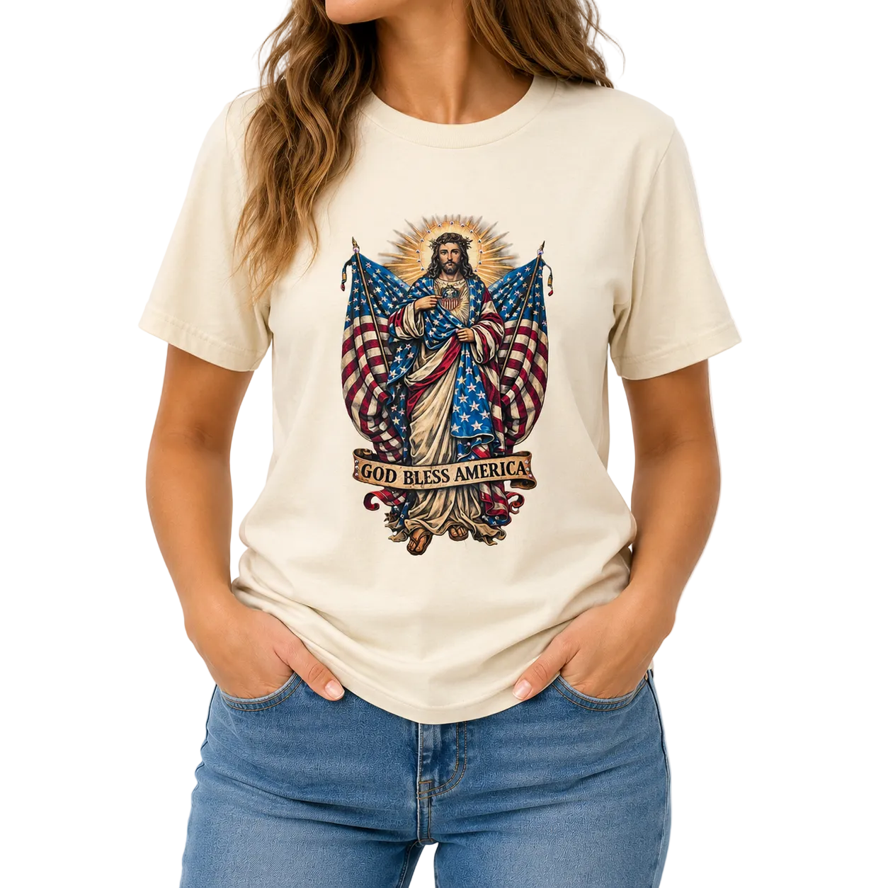 Jesus-God Bless America T-Shirt on Natural with Crystals