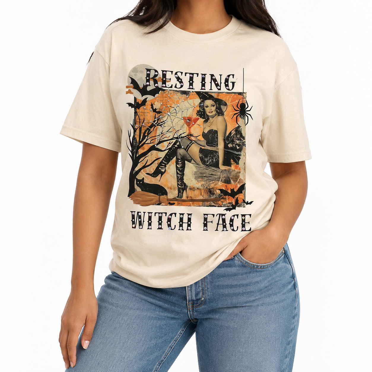 Resting Witch Face T-Shirt on Natural with Crystals