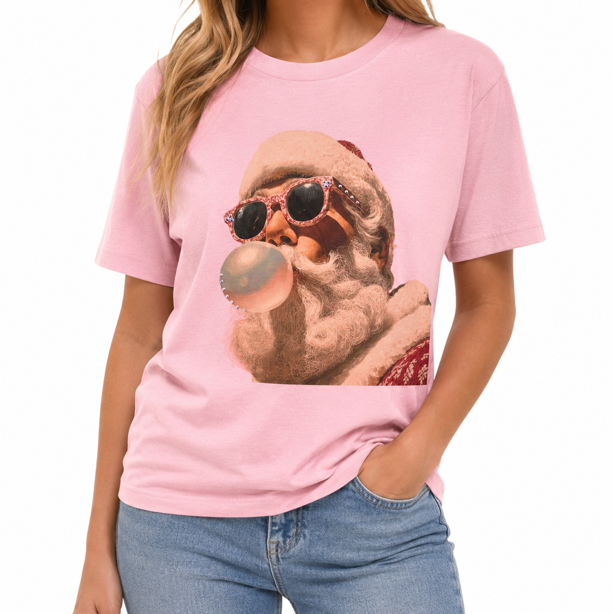 Santa Bubble T-Shirt on Pink with Crystals