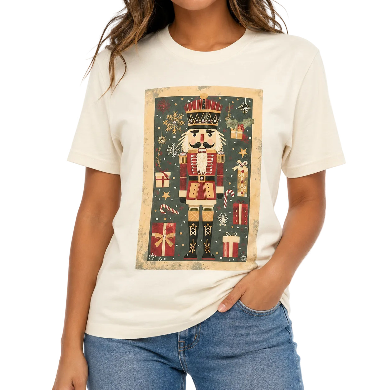 Navy Nutcracker T-Shirt on Natural with Crystals