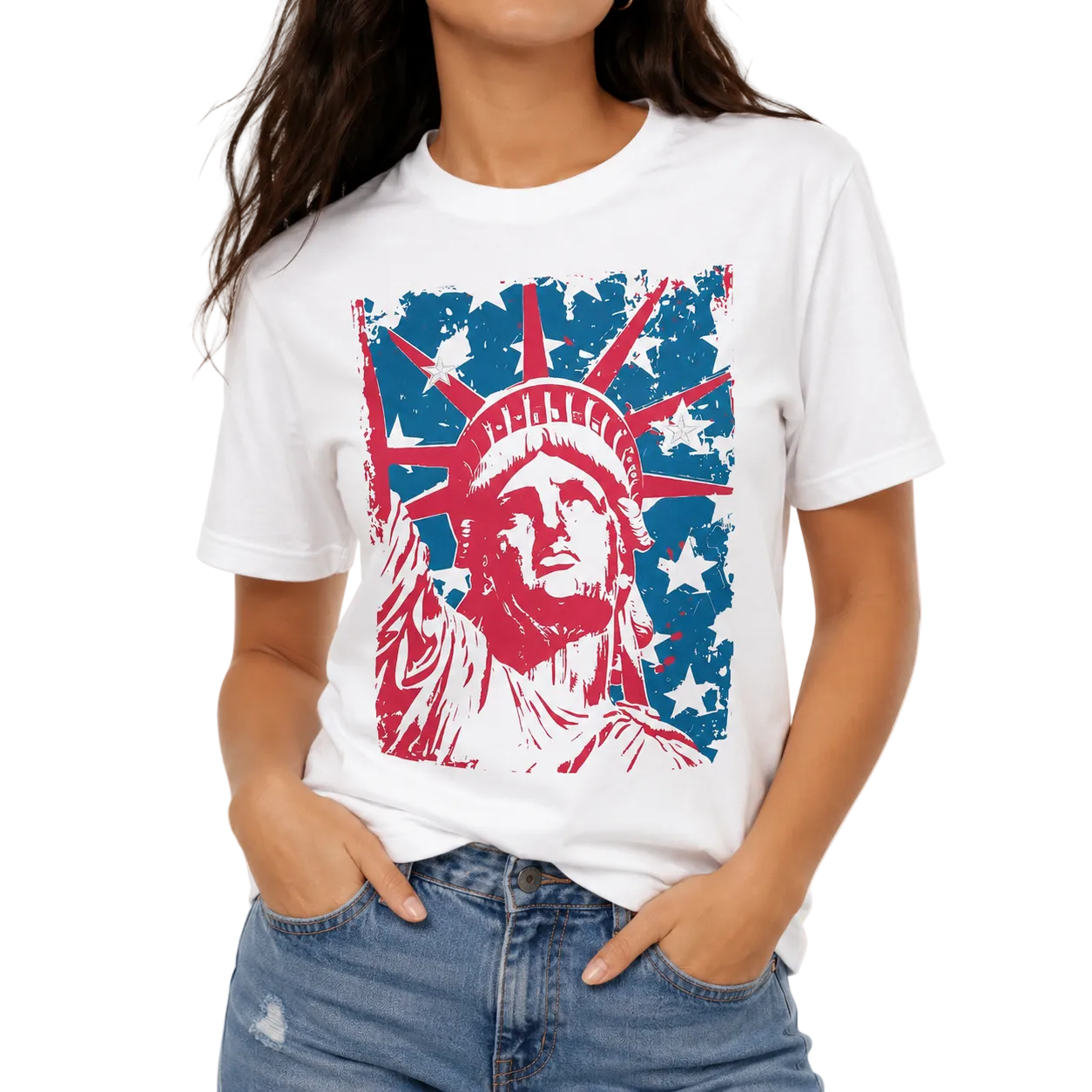 Lady Liberty T-Shirt on White with Crystals
