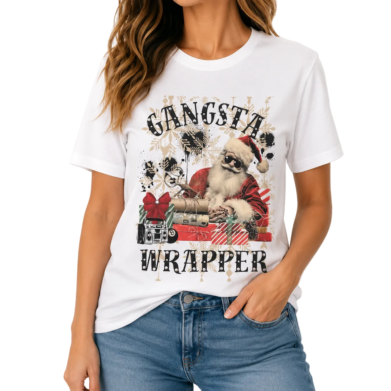 Gangster Wrapper T-Shirt on White with Crystals