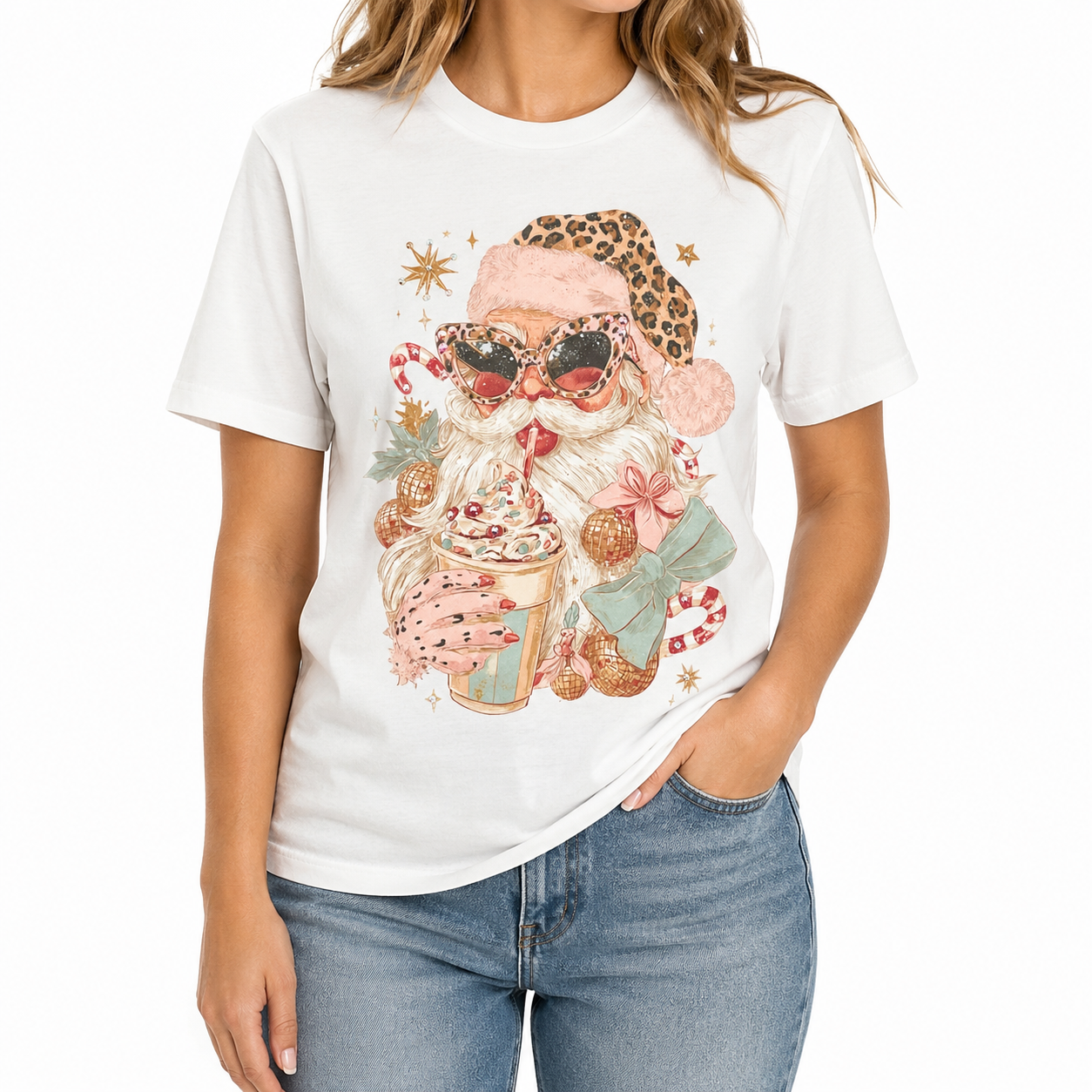 Sassy Santa T-shirt on White with Crystals
