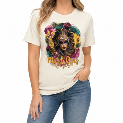 Mardi Gras Mask T-Shirt on Natural with Crystals