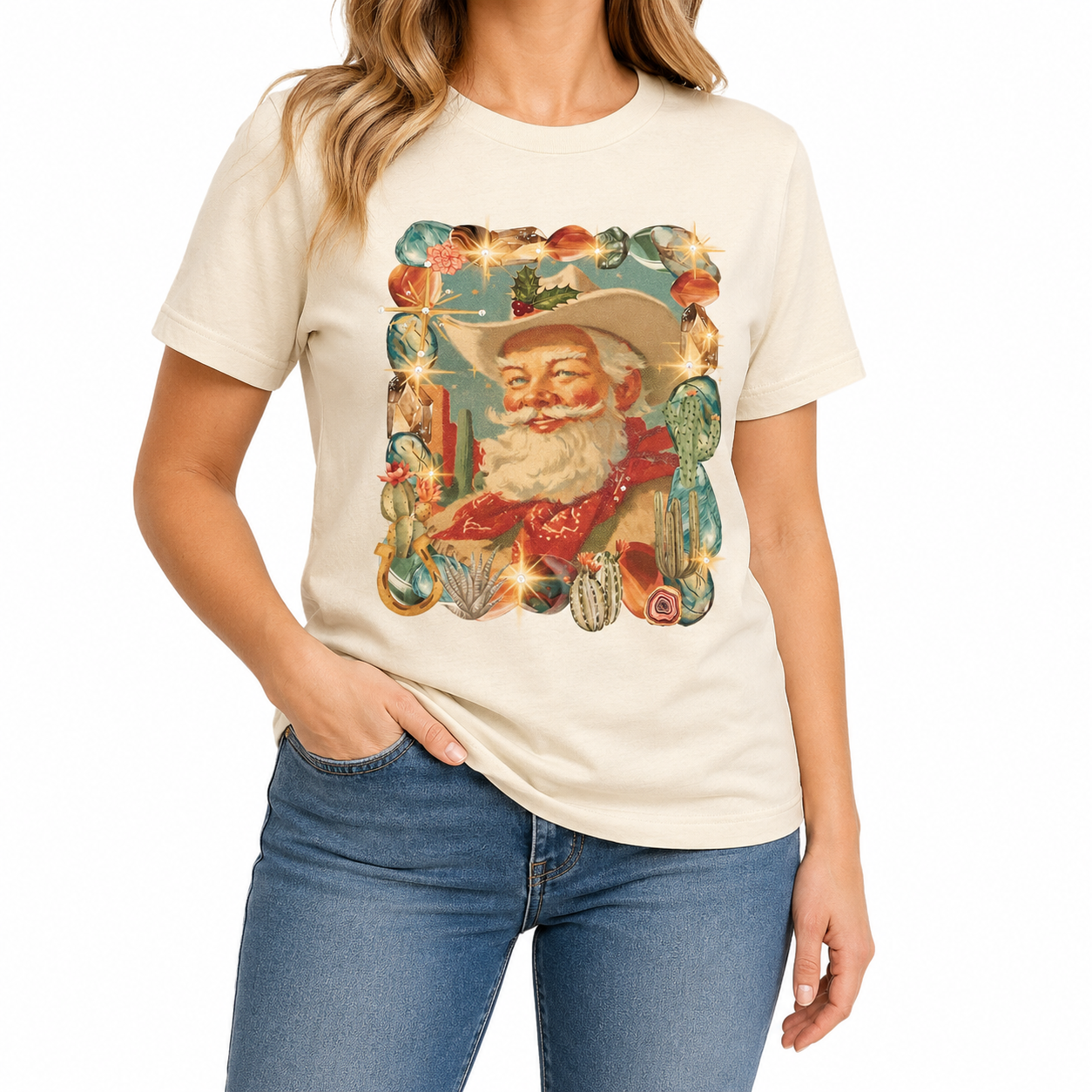 Southwest Santa T-Shirt on Natural with Crystals