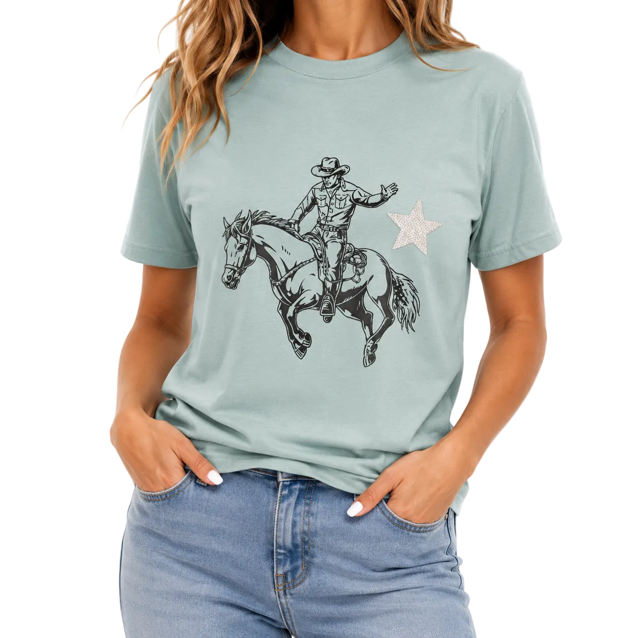 Buckin' Broncos T-Shirt on Dust Blue with Star and Crystals