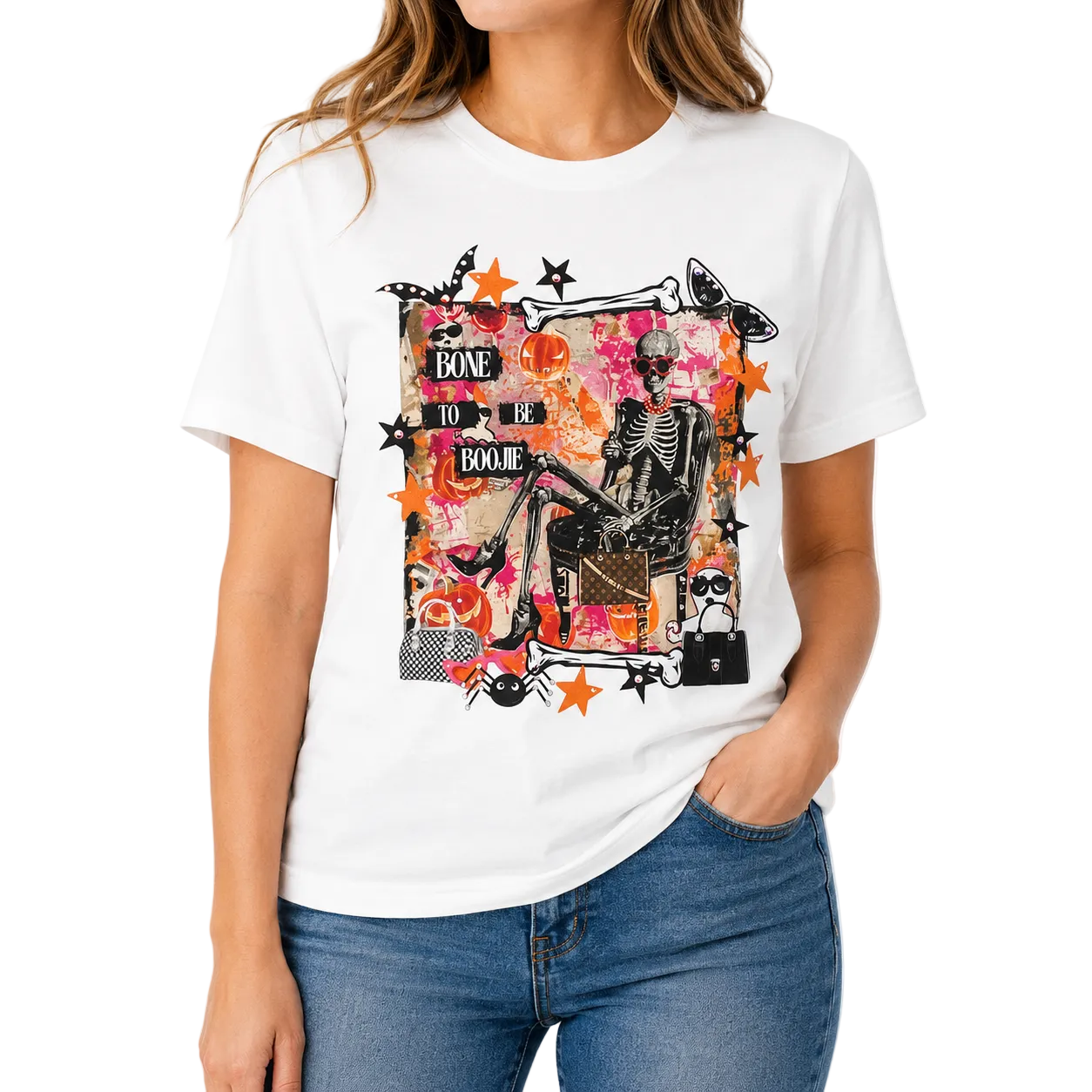 Bone to be Bougie T-Shirt on White wih Crystals