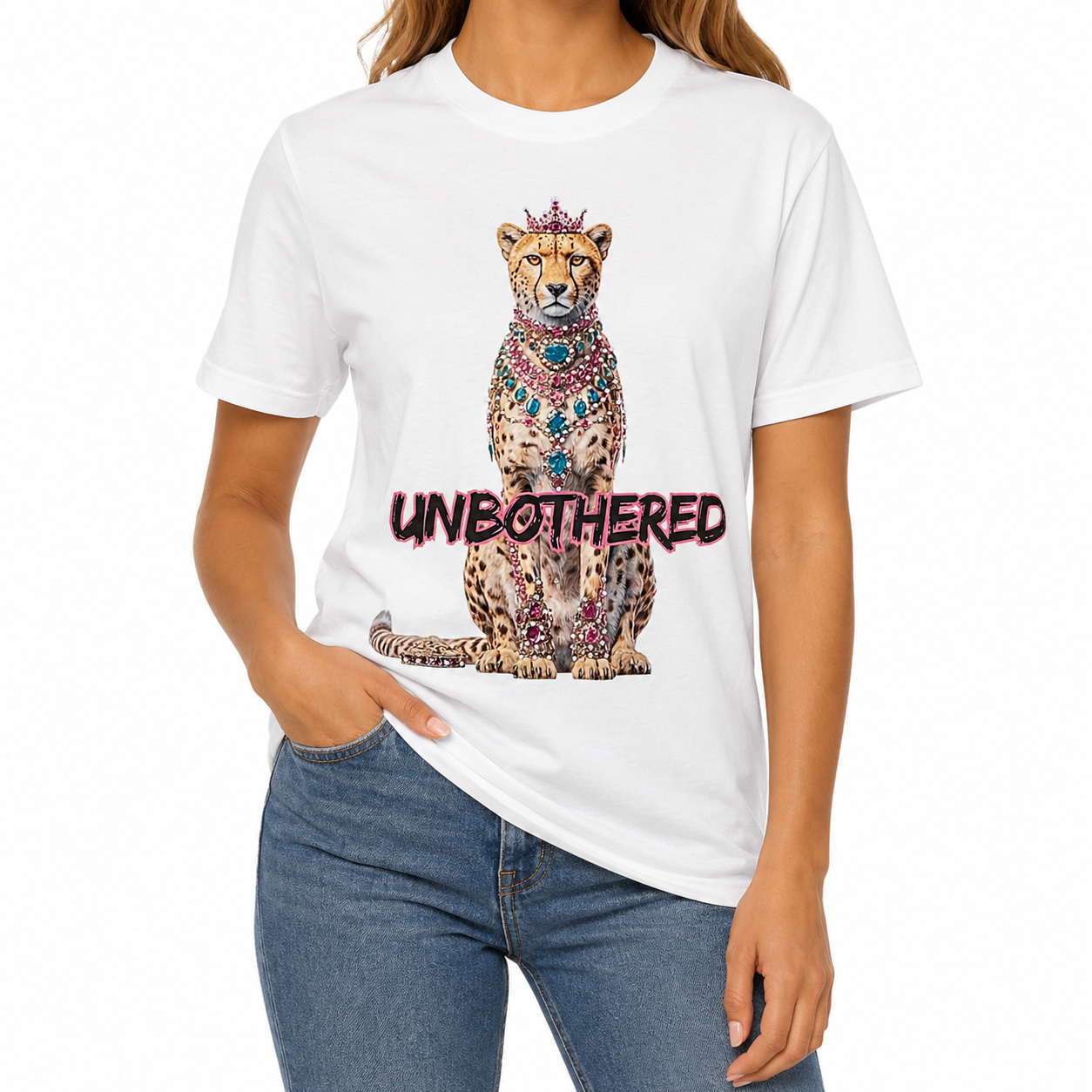Unbothered Jag T-Shirt on White with Crystals