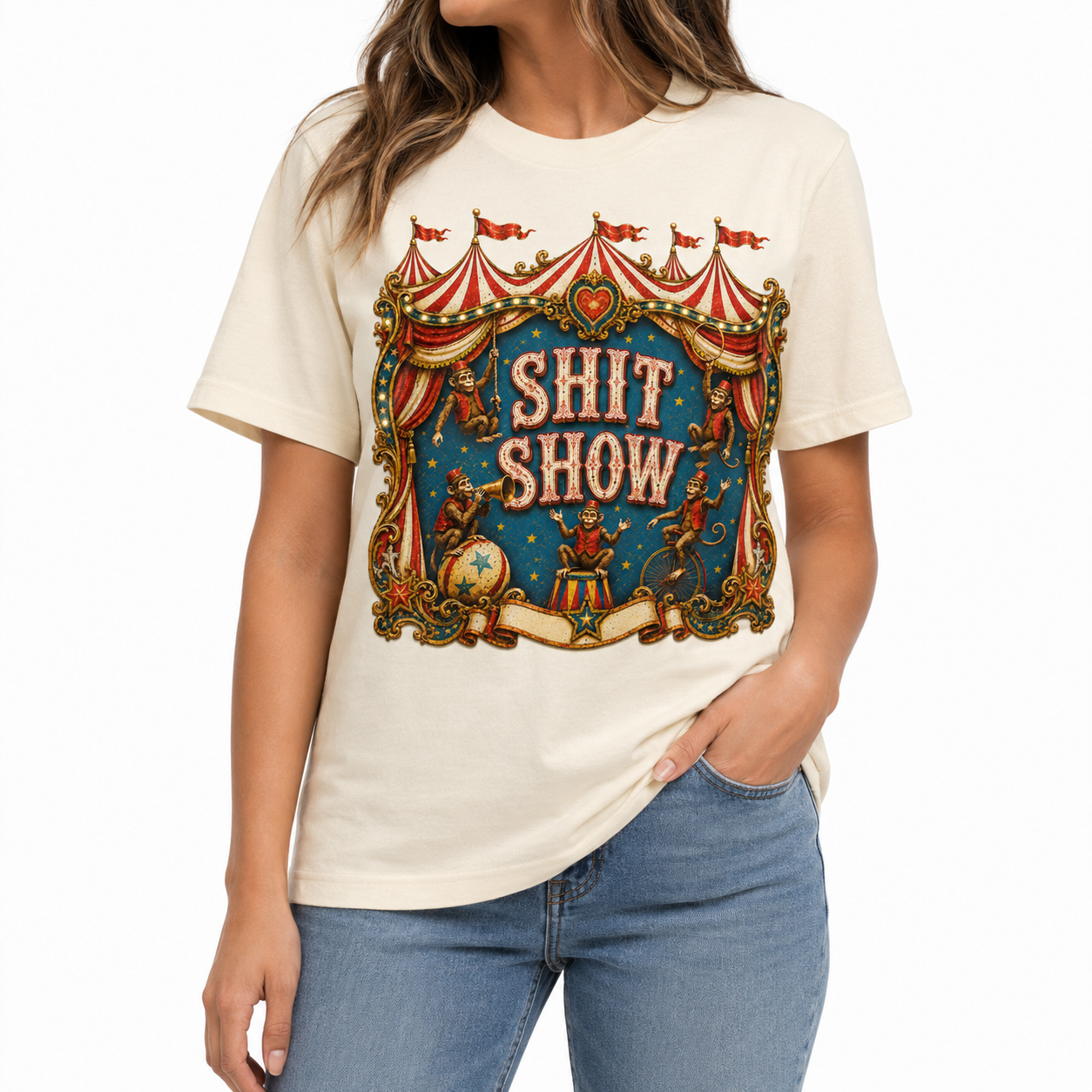 Shit Show Monkeys T-Shirt on Natural with Crystals