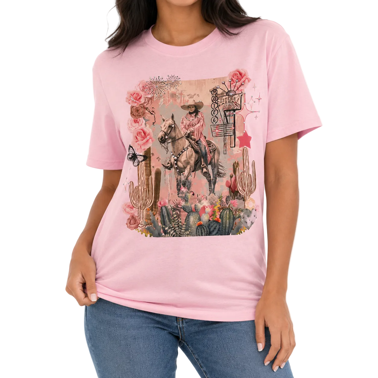 Motel Cowgirl T-Shirt on Pink with Crystals