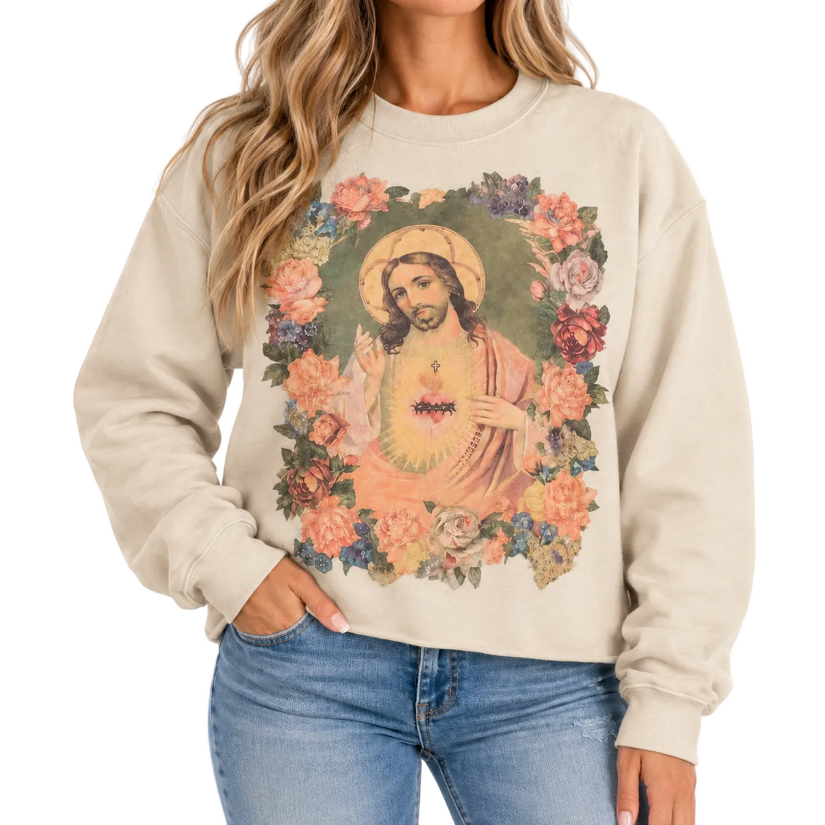 Jesus Sweatshirt on Tan with Crystals