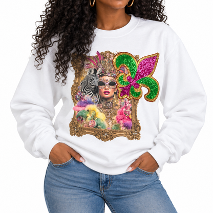 Mardi Gras Queen Sequin patch Sweatshirt on white with Crystals
