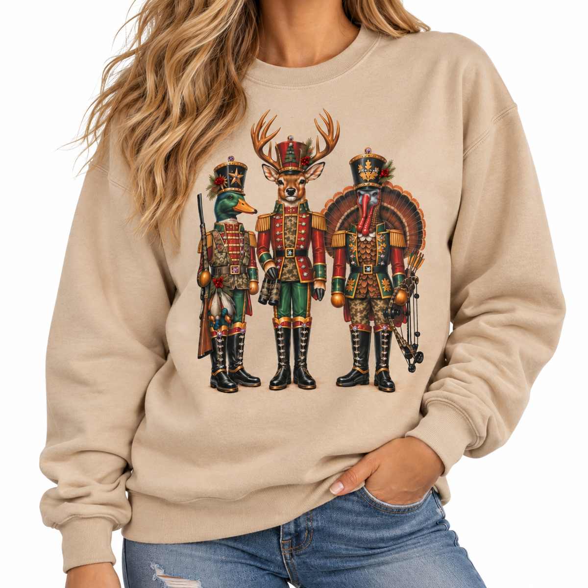 Holiday Hunt Club Sweatshirt on Tan with Crystals