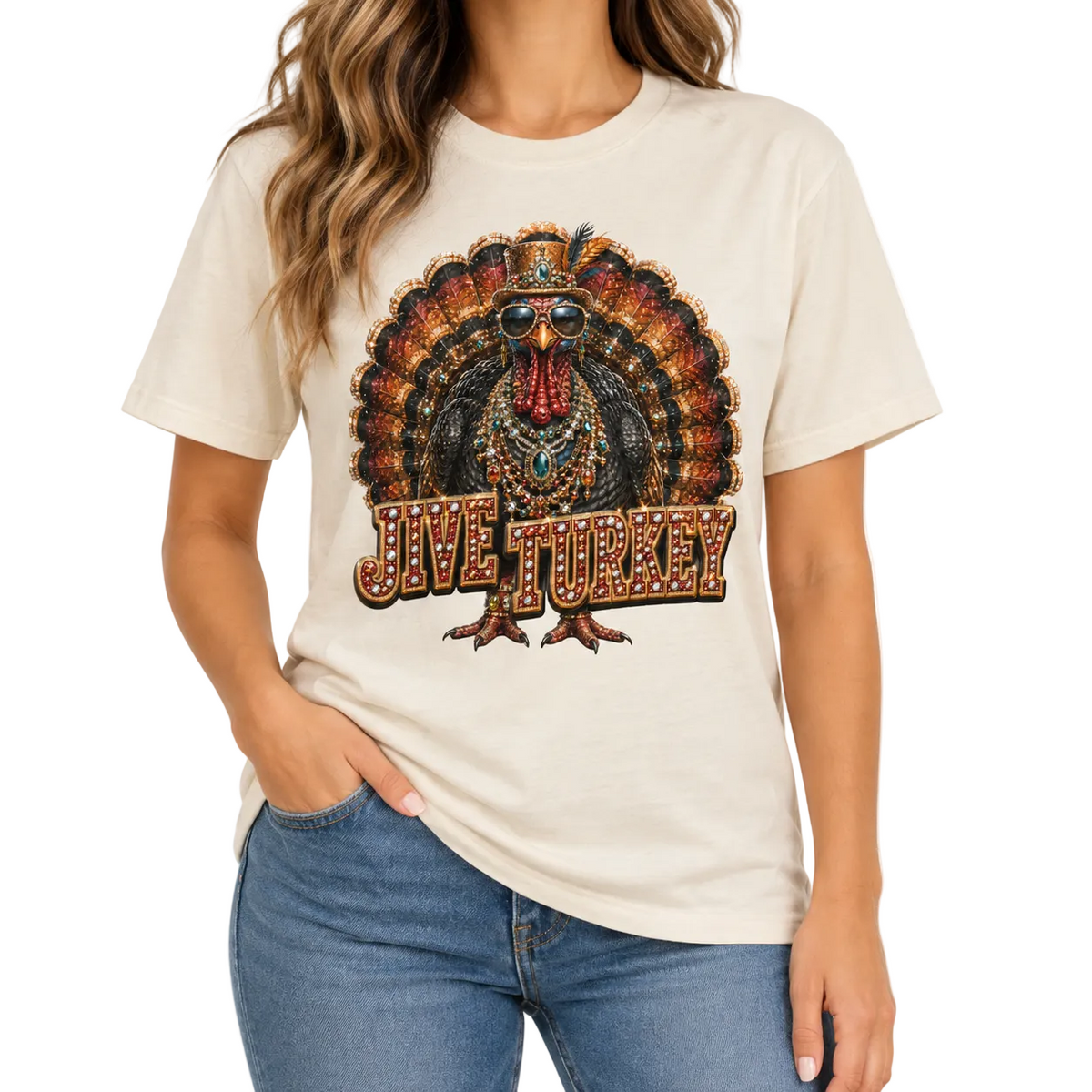 Jive Turkey T-Shirt on Natural with Crystals