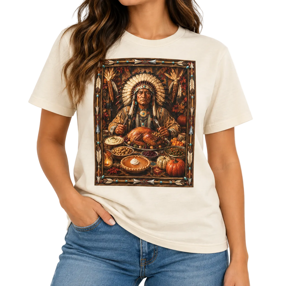 Chief's Feast T-shirt on Natural with Crystals