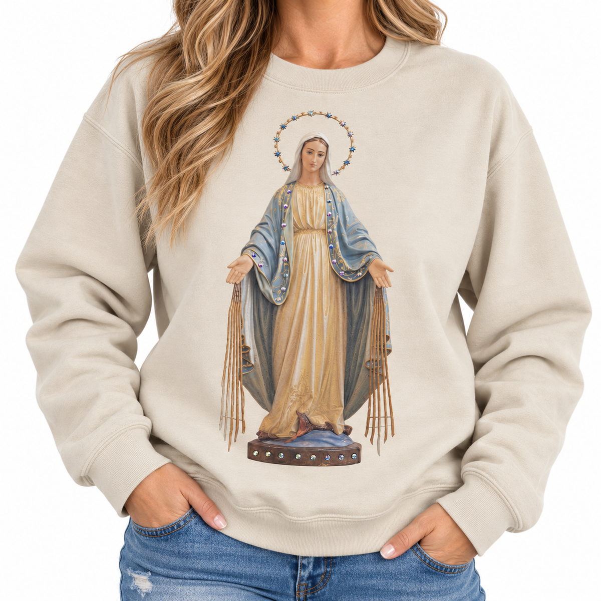 Madonna Sweatshirt on Tan with Crystals
