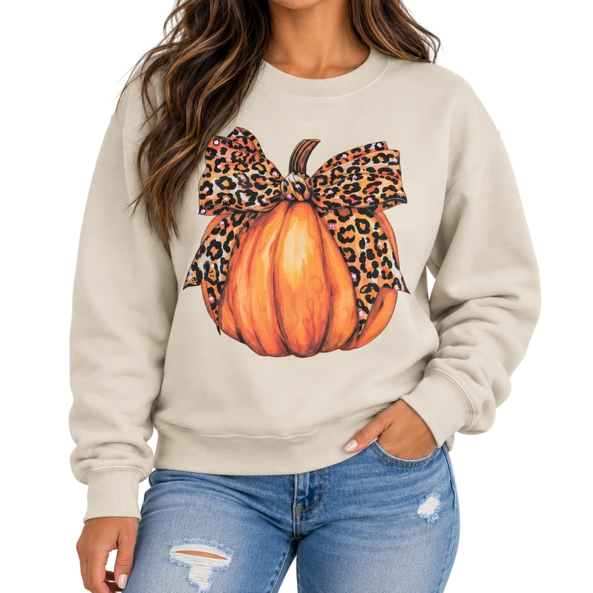Cheetah Pumpkin Sweatshirt on Tan with Crystals