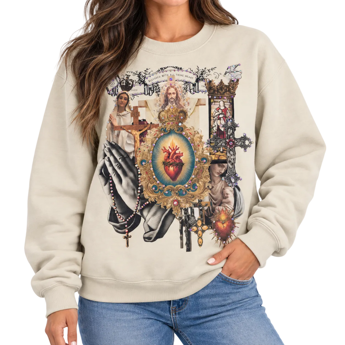 Gothic Collage Sweatshirt on Tan with Crystals