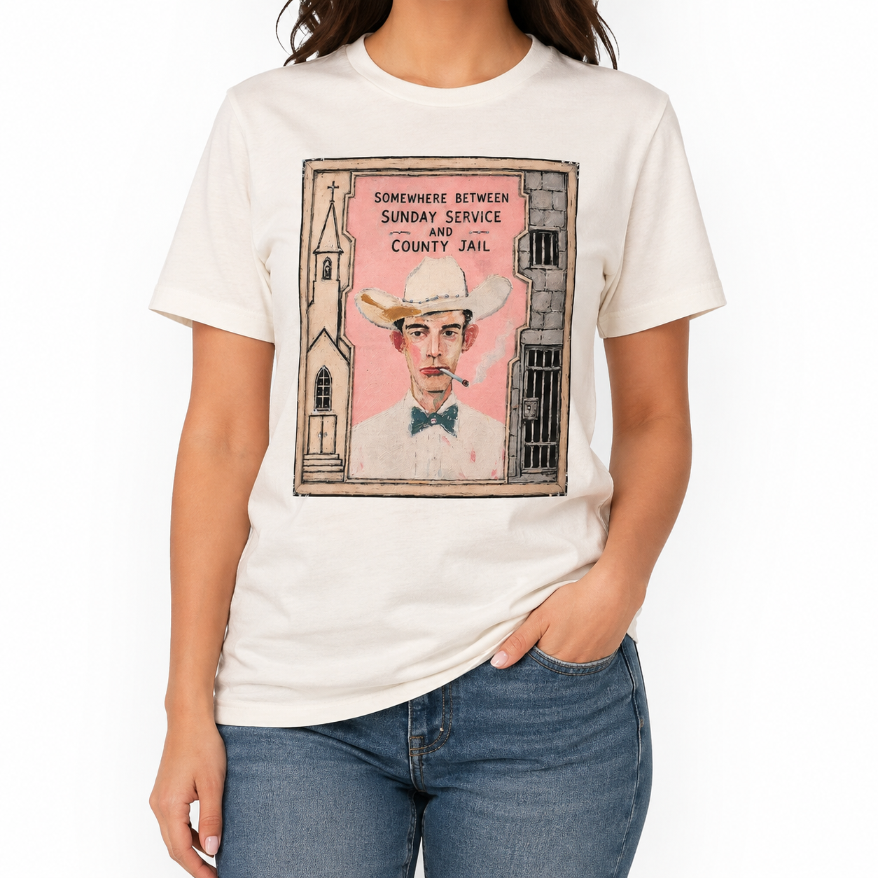 Church Bells & Jail Cells T-shirt on Natural w/Crystals