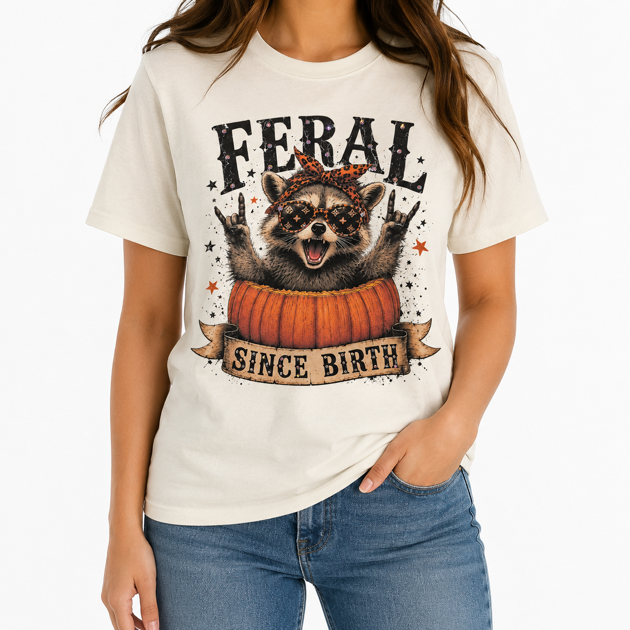 Feral Since Birth T-shirt on Natural w/Crystals