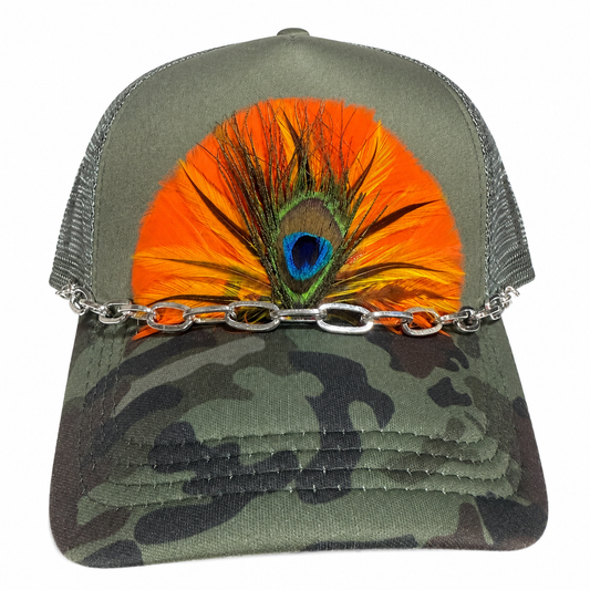 Camo feather trucker with stone