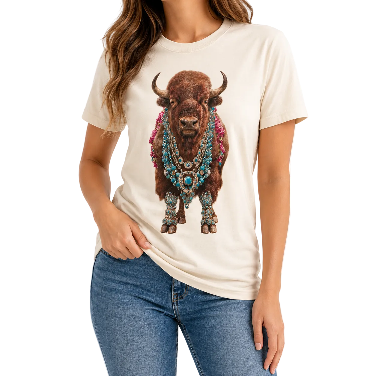 Beaded Bison T-Shirt on Natural with Crystals