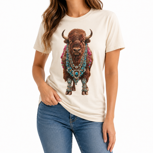 Beaded Bison T-Shirt on Natural with Crystals