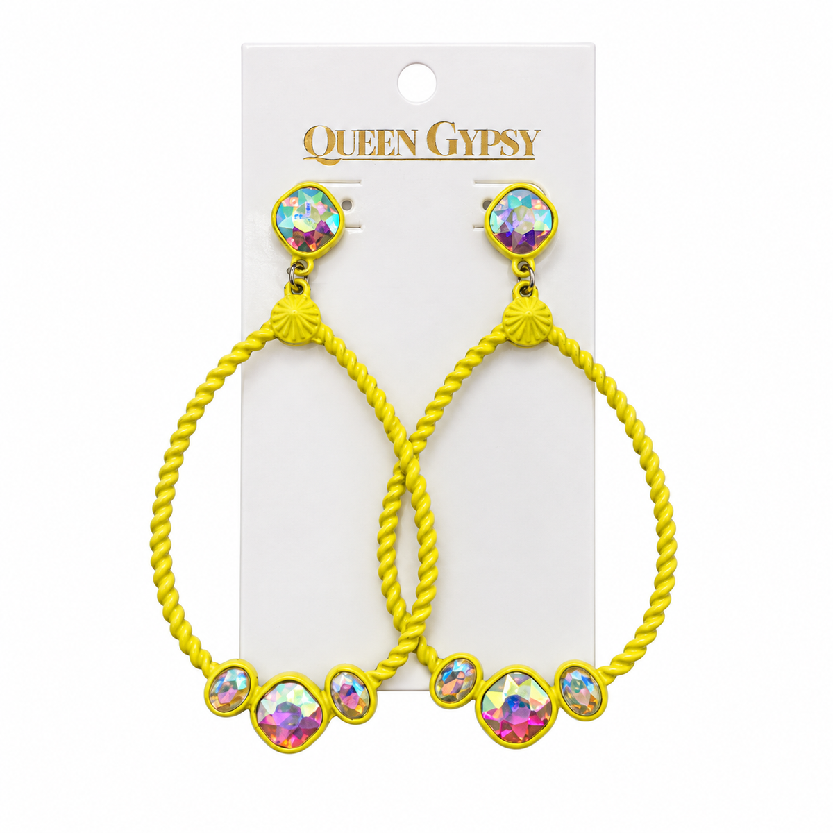 Neon Yellow Crystal Loop Earrings