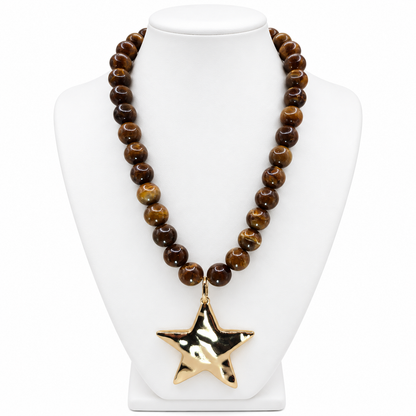 Hammered Gold Star Beaded Statement Necklace